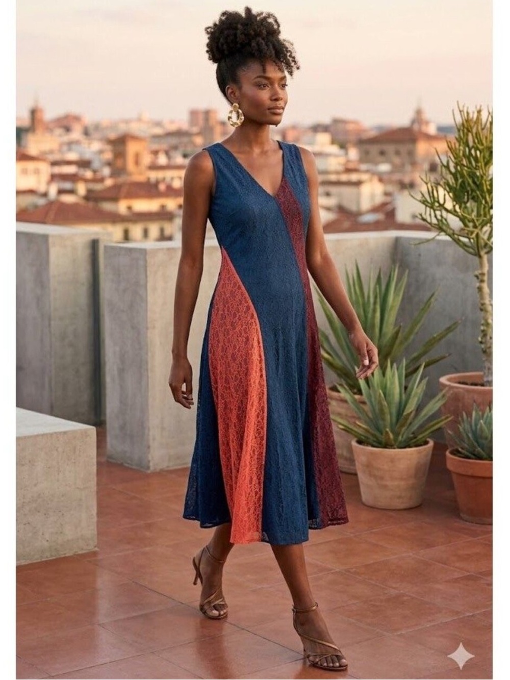 Tory Burch Iliana Panelled Lace Color Block Midi Dress